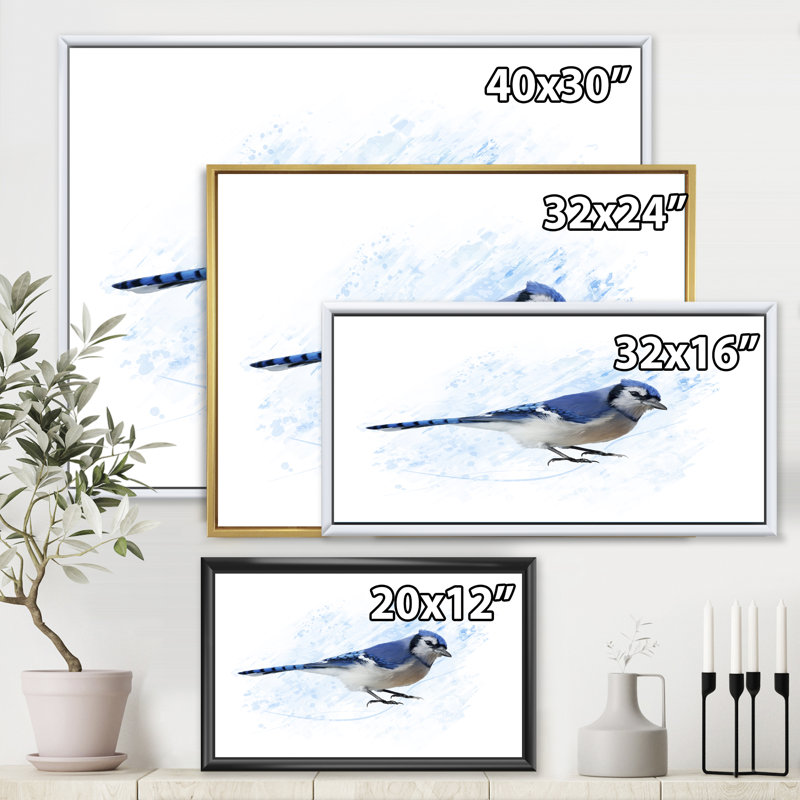 Geai bleu rétro - impression sur toile, Toile encadrée d'or, H 16 po x l 32 po x p 1 po