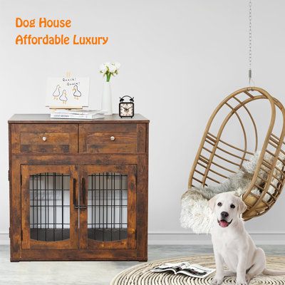 Mobilier de caisse pour chien à 2 tiroirs, table de bout pour chenil intérieur en MDF rétro avec rangement, cage décorative pour petits et moyens chiens, meubles de chambre à coucher pour le salon