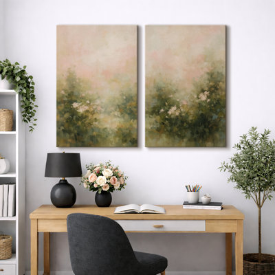Soft Green Botanical Landscape with Misty Garden Tones - Pictures Framed Canvas Print 2 Pieces Wall Art.