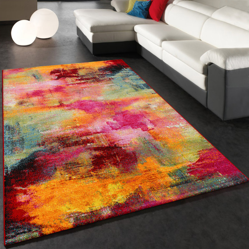 Tapis rose / jaune / vert en polypropylène tissé à la machine Deiselle, Rectangle 3 pi 11 po x 5 pi 7 po