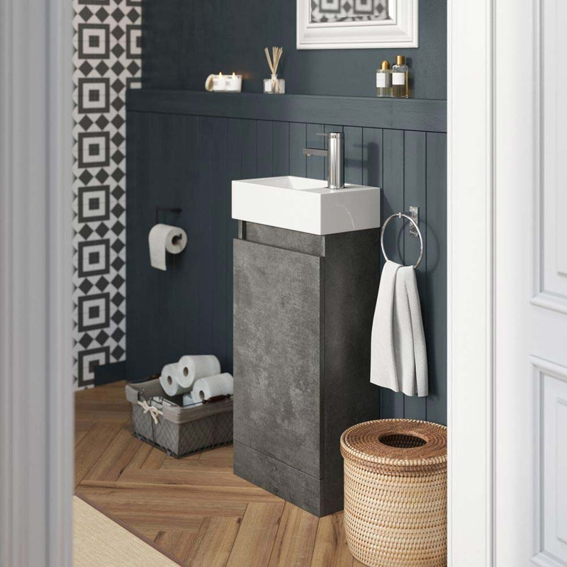Kratos 390mm Single Bathroom Vanity with Integrated Polymarble Basin, Concrete Oak, Grey