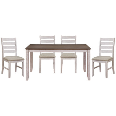 Ensemble de salle à manger décontracté 5 pièces pour espaces élégants - Table rectangulaire en bois et 4 chaises en tissu gris / blanc / brun