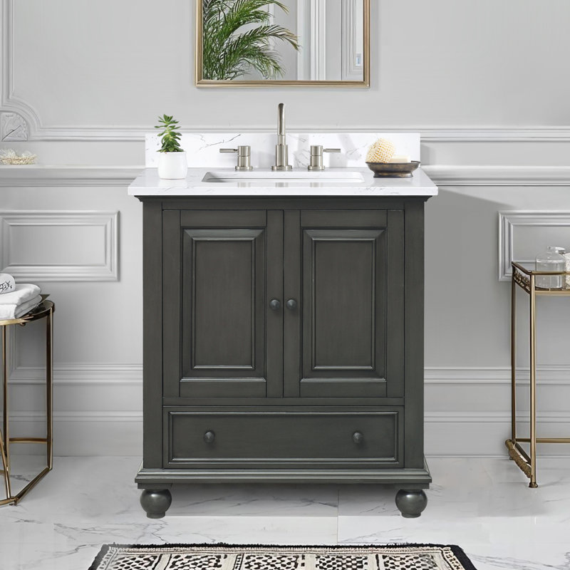 Ensemble de meuble-lavabo simple 30 po avec plateau Magruder, Glacis gris anthracite, Blanc cala