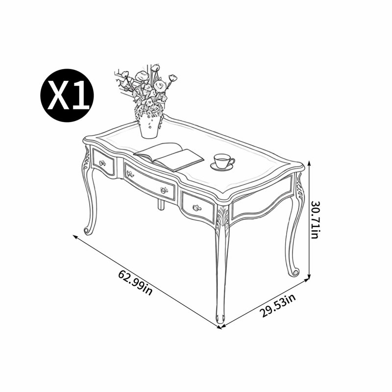 Bureau peint de style européen exquis, H 30,71 po x l 62,99 po x P 29,53 po