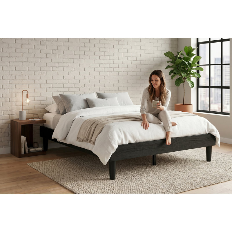 Cadre de lit plateforme King Size noir | Panneaux de particules robustes avec sommier à lattes en bois | Sommier non requis