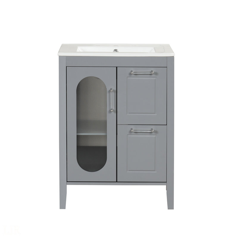 Meuble-lavabo 24 po avec lavabo, meuble-lavabo avec deux tiroirs et porte, tablette réglable, bois massif et panneau de fibres à densité moyenne, meuble-lavabo