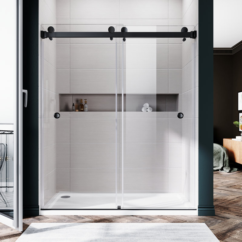 Royal 56 to 60 in. x 72 in. H Frameless  Double Sliding Shower Door with Two Finger Pulls in Matte Black and 3/8 in. (10mm) Clear Glass