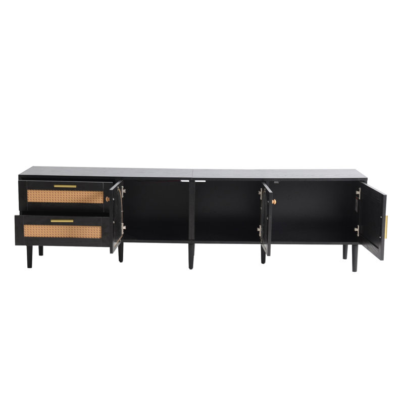 Rattan TV Stand With 3 Cabinets & 2 Drawers, Rattan-Inspired Media Console Table For Tvs Up To 80'', LED Light Entertainment Center, TV Cabinet For Living Room, Bedroom, Home Theatre
