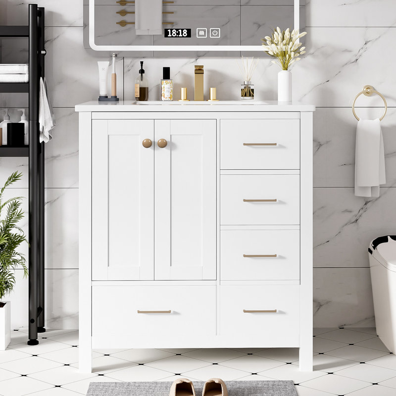 Armoire de lavabo de salle de bain 30 po - Lavabo en céramique, bois massif et 4 tiroirs, portes