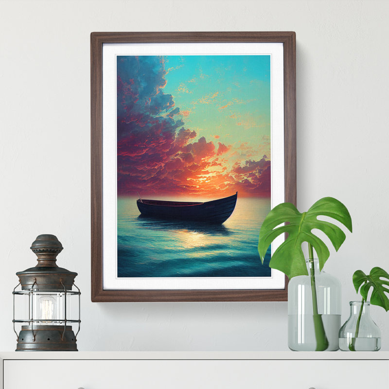 XV1022-1131X Boat On A Peaceful Ocean - Print, 66cm H x 48cm W x 2cm D, Walnut Framed, White