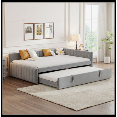 Full Size Upholstered L-Shaped Daybed with Twin Trundle, Stylish Striped Design and Comfortable Backrest