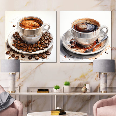 Brown Coffee Cup Temptation I - Coffee Metal Wall Art Prints Square Set Of 2