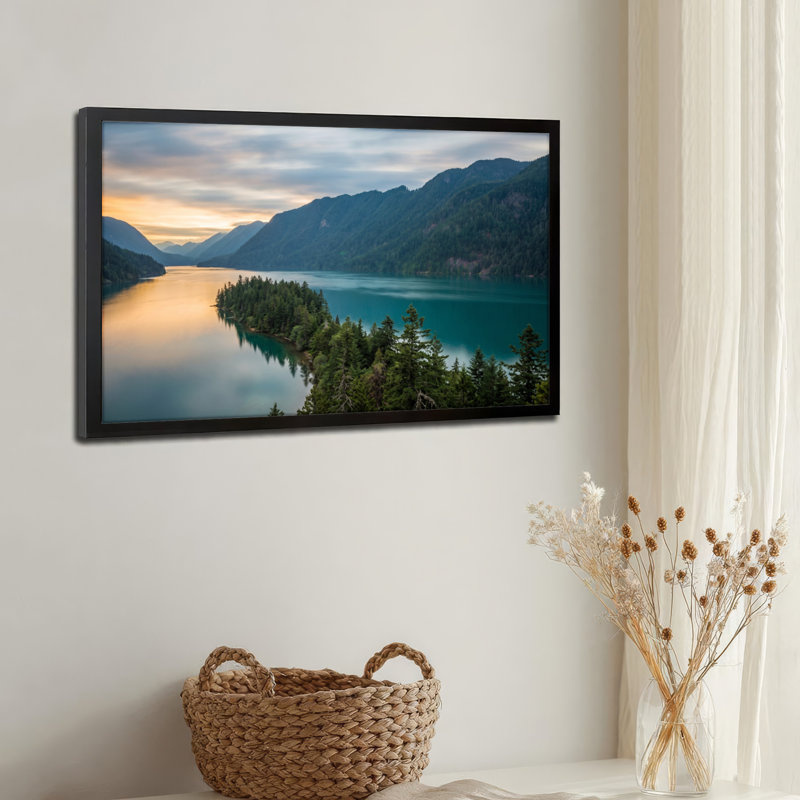 Toile noire encadrée en bois noir pour salon, chambre à coucher, bureau ou vestibule - décoration murale décorative avec lac de montagne
