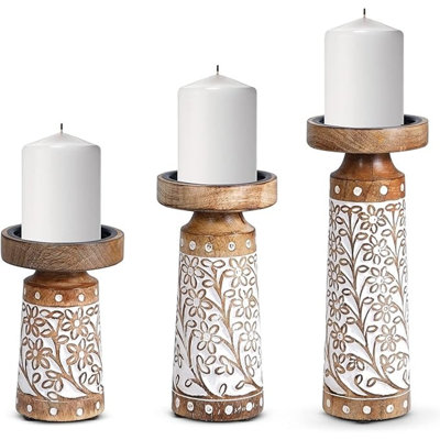 LuxeDesigns Hand-Carved Wood Pillar Candle Holders – Set (3) (6", 8", 10") – Ivory White Finish with Floral Carvings