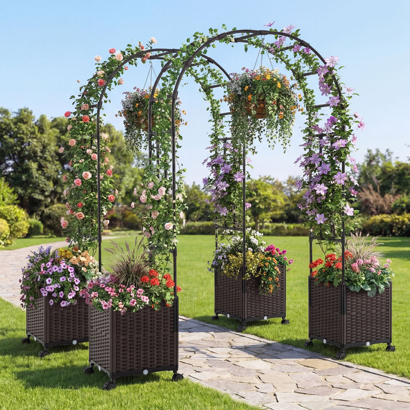 200Cm Garden Arch Trellis W/2 Planter Boxes Outdoor Arbor Archway For Climbing Plants W/Lockable Wheels