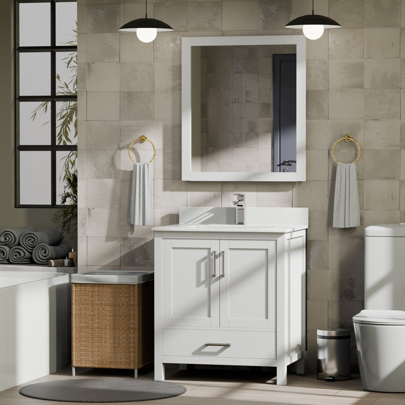 Ensemble de meuble-lavabo simple 30 po Jacques, Blanc, Marbre de culture blanc