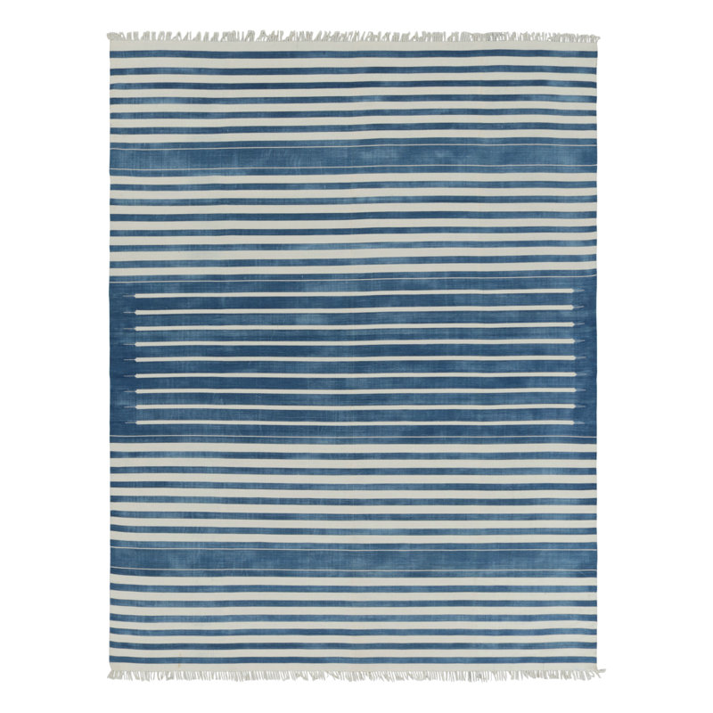 Rug & Kilim’S Contemporary Dhurrie Rug In Dark Blue And White Stripes, Rectangle 9' x 12'
