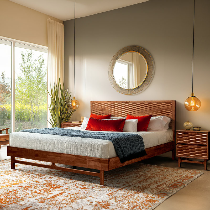 Gerrell Solid Wood Platform Bed Frame with Sculpted Spearhead Headboard – Mid-Century Modern Style, 800lbs Capacity, All Mattress Support, No Box Spring Needed