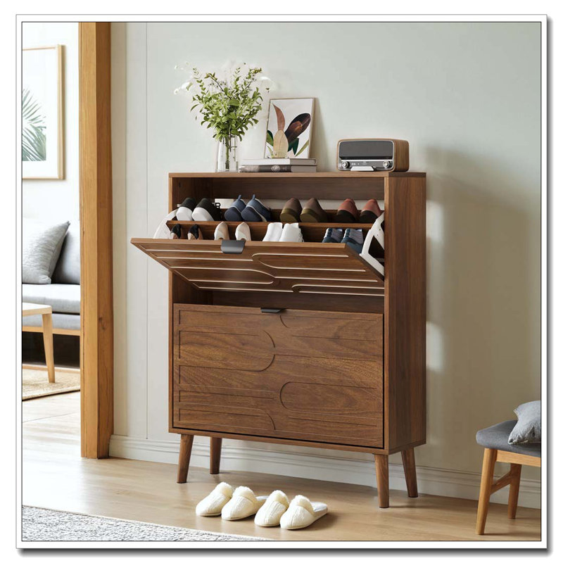Shoe Cabinet, 31.5-Inch Walnut Shoe Storage Cabinet,, Fence Shoe Cabinet With 2 Flip Drawers