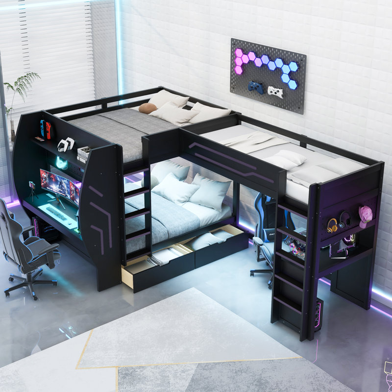 Lit superposé simple et double en L 3 en 1 avec bureaux intégrés, station de charge, échelles et tiroirs de rangement, panneau perforé, lumière DEL, noir