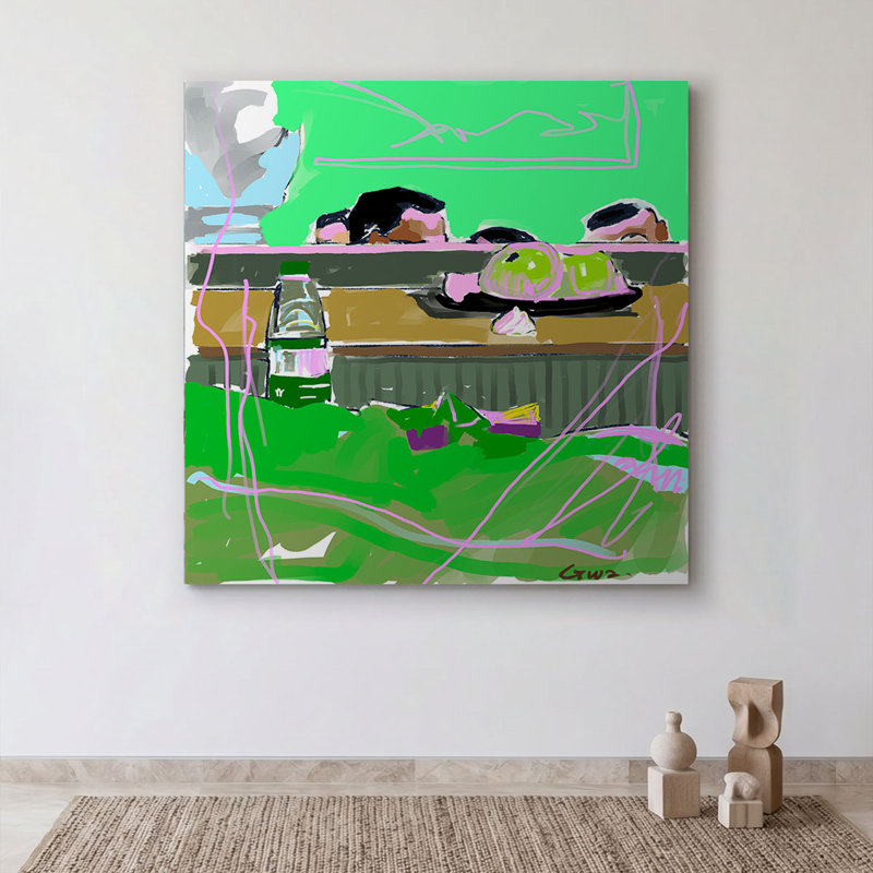 «Abstract Green Scene with Bottle», impression sur toile paysage surréel avec cadre en pin, H 12 po x l 12 po