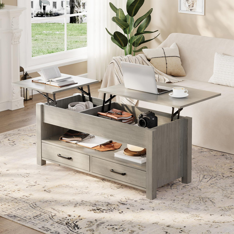 Table basse avec plateau relevable, table basse convertible avec plateau en bois, 2 tiroirs et compartiment caché, Gris