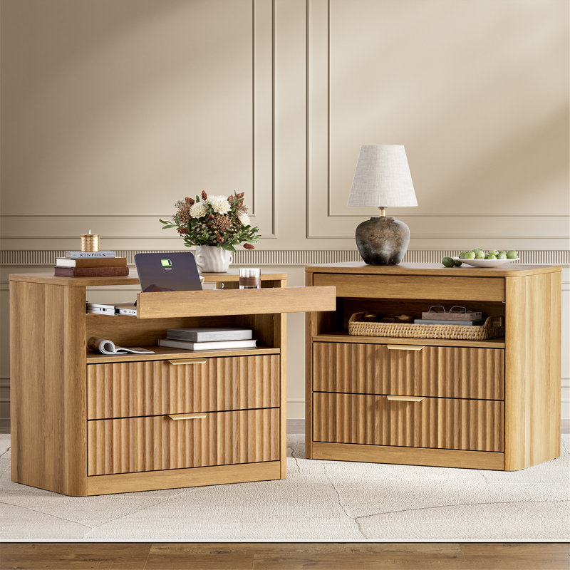 27”Nightstand With 2-Drawers & Open Shelf, Bedside Table With Outlets,End Table With 1 Pull-Out Shelf, Night Stand For Bedroom
