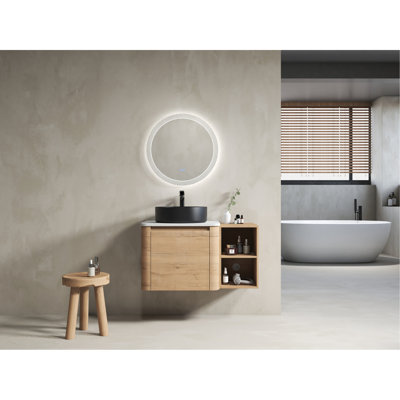 Meuble-lavabo mural 36 po avec lavabo d'art en céramique et tablettes de rangement, porte à fermeture en douceur, emballage KD, contreplaqué