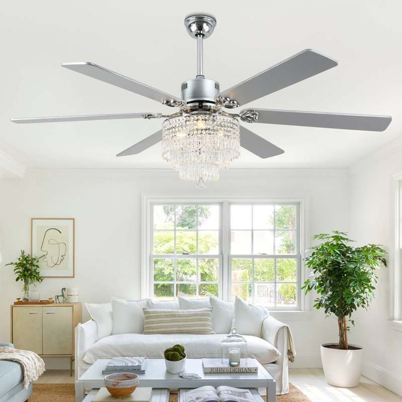 Ventilateur de plafond Leisel 65 po chromé avec cristaux, éclairage et télécommande, 6 vitesses, style lustre moderne, idéal pour les grandes pièces.