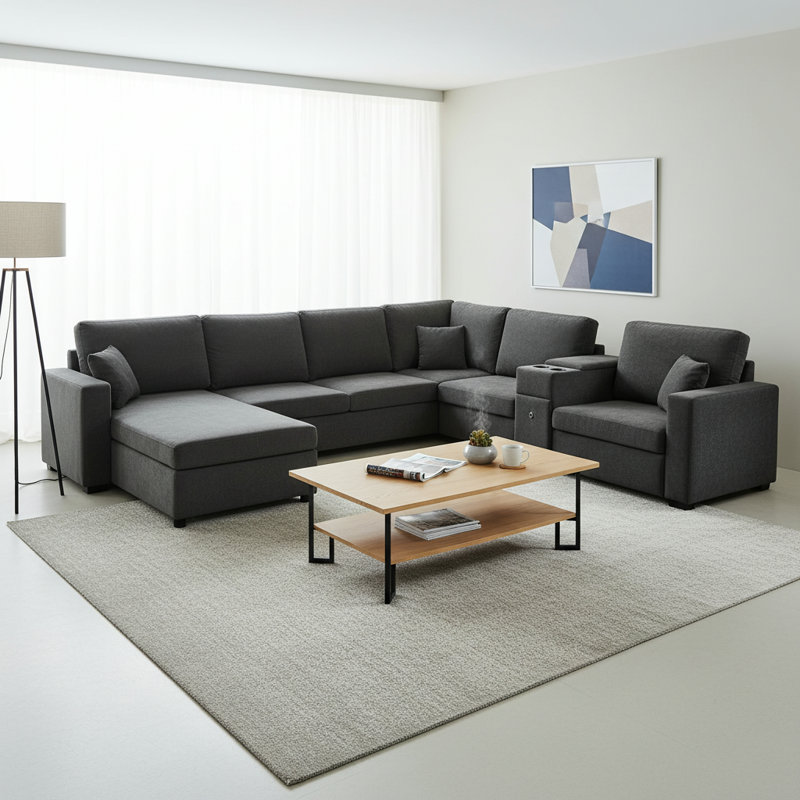Canapé modulaire en chenille 5 pièces avec porte-gobelets intégré, Chenille noir