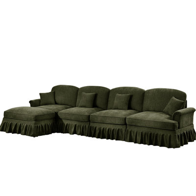 Chenille en forme de L à quatre branches avec accoudoirs mobiles, évasés, jupes de plis à volants détachables et pieds fuselés, convient aux réunions de famille Conception modulaire, doux et confortable