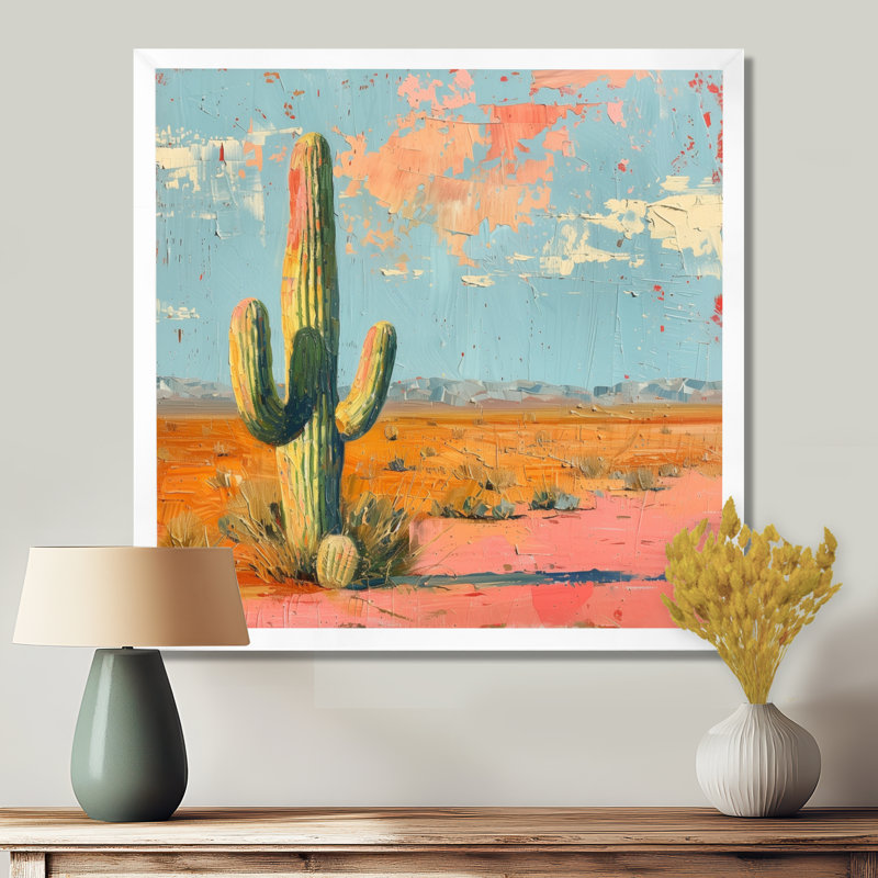 Cactus rétro rose du sud-ouest - Cactus, art mural, H 16 po x l 16 po x P 1 po, Toile encadrée blanche avec une seule photo