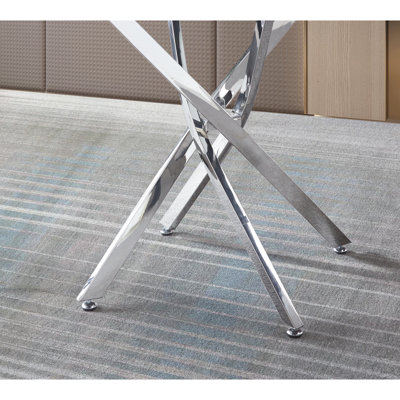 Table de salle à manger ronde en verre trempé transparent avec quatre poteaux inclinés en acier inoxydable argenté et pieds niveleurs, 36 pouces de diamètre, pieds équilibrés en métal à base équilibrée, 30,1 de haut, s'adapte