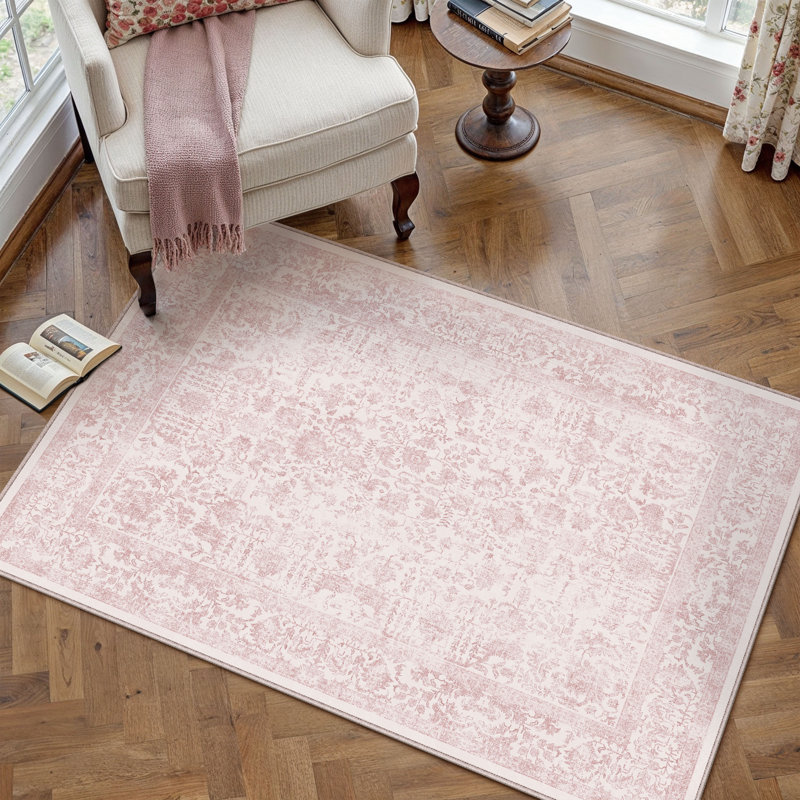 Kitty Machine Washable Vintage Area Rug With Non-Slip Backing, Rectangle 4' x 6', Pink, 0.28"