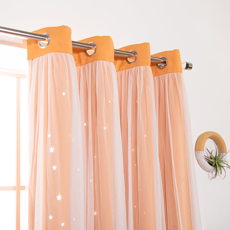 Jenifer Tulle Overlay Star Cutout Solid Room-Darkening Grommet Curtain Panels, 52" W x 84" L, Orange
