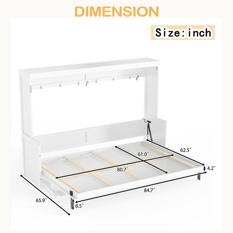 Lit escamotable avec bureau, station de charge USB, lumières DEL, Blanc, Grand lit
