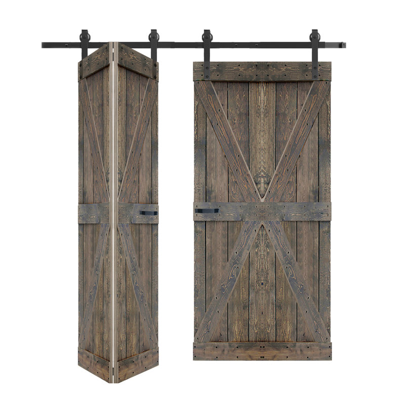 Porte de grange double pliante en bois massif de style K avec ensemble de quincaillerie - Assemblage requis, Gris fumé