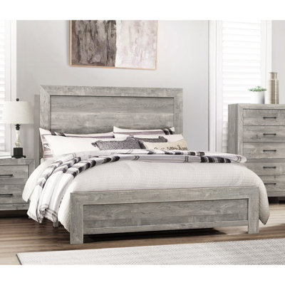 Lit de chambre rustique gris, lit double avec tête de lit, rails et sommier tapissier requis en bois