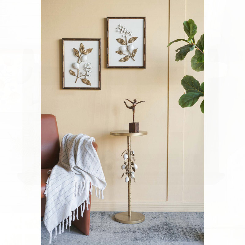 Table d'appoint ronde en fer avec accents floraux dorés et blancs - Base en ciment, 11,8 po x 11,8 po x 28,3 po