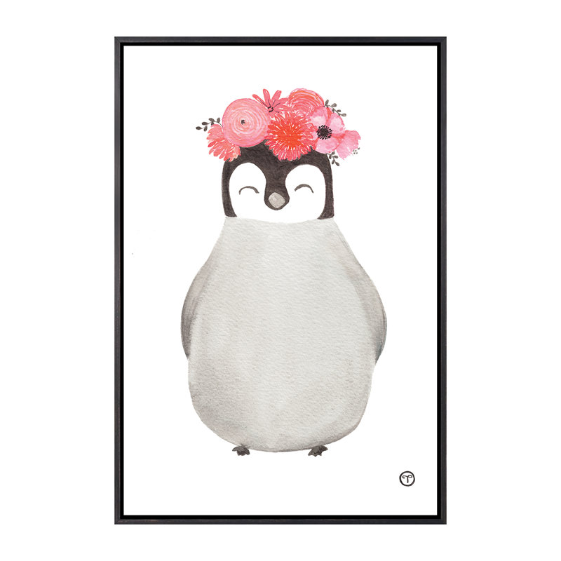 Art pingouin, Toile avec cadre noir patiné, H 40 po x l 26 po x P 1,5 po