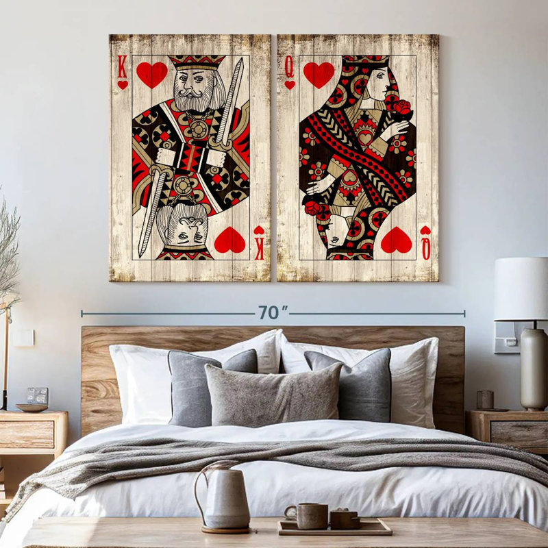 Ensemble de 2 pièces en bois pour le roi et la reine des cœurs sur toile, H 61 po x l 45 po
