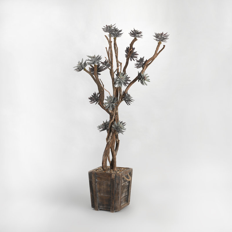 Faux Tree in Solid Wood Planter