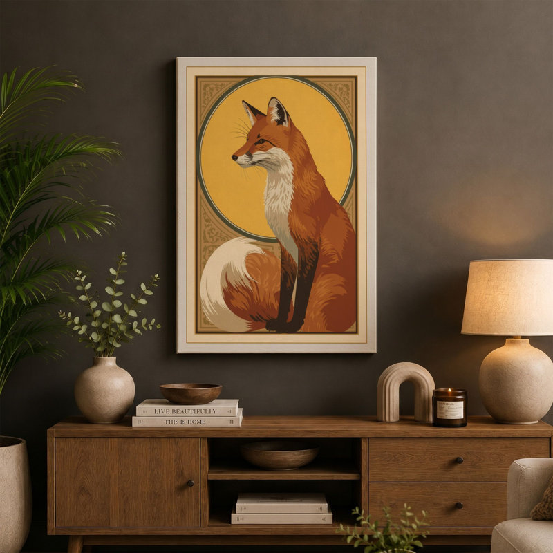 Red Fox in Profile Art Deco - Wrapped Canvas, 36x24 - 91.4 x 61.0 cm, Black Border