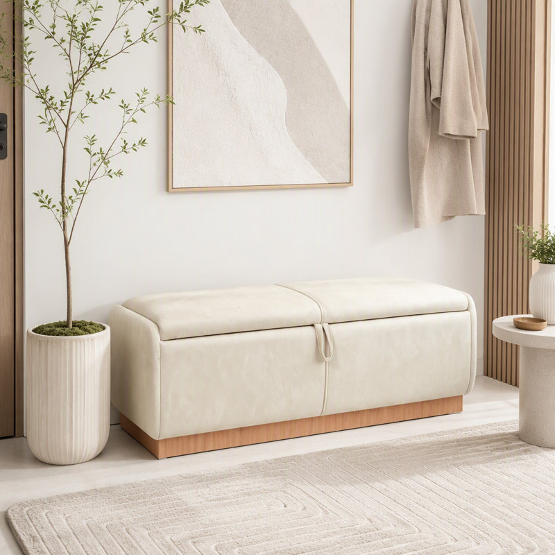 Banc repose-pieds en velours avec couvercle relevable et coutures cousues, Beige