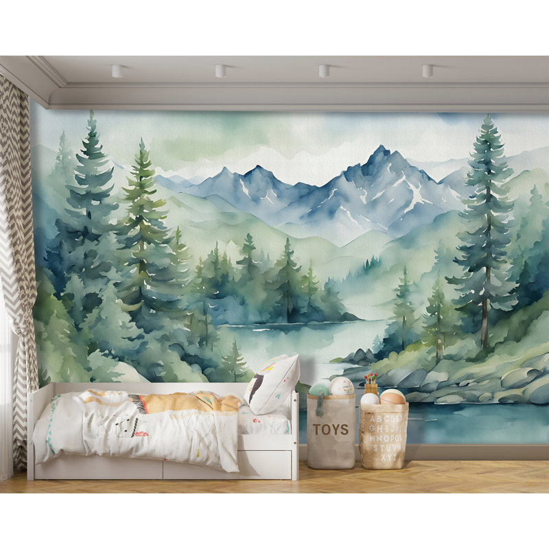 Murale aquarelle forêt de montagne, L 160 po x l 120 po