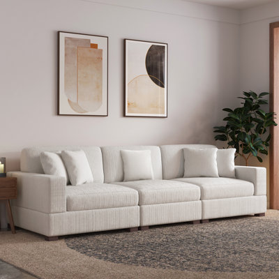 Milbrey 3 - Piece Upholstered Beige Corduroy Modular Sectional Sofa with Pillow Back and Solid Wood Legs