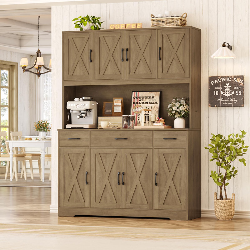 Garde-manger 71 po x 55 po avec station de charge, support pour micro-ondes et tiroirs de rangement 71 po x 55 po, Brun