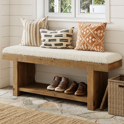 47.2" Solid Wood Bench with Upholstered Cushion, Farmhouse Bench for Entryway, End of Bed, Hallway