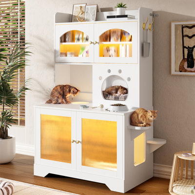 Enceinte de litière pour chat blanche à 3 niveaux - Toilette cachée avec portes en verre cannelé, armoire de rangement et plateformes d'escalade, combo arbre à chat tout-en-un