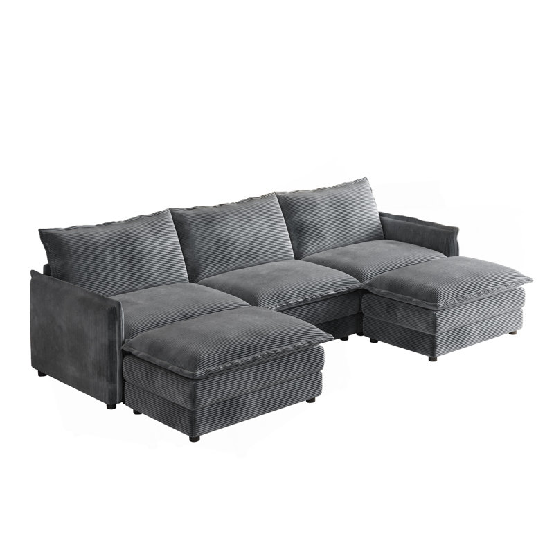 Canapé en tissu velours 3 places en velours côtelé confortable avec repose-pieds mobile pour le salon, ensemble de canapé en U surdimensionné à assise profonde, canapé rembourré à assise profonde de grande taille avec 3 coussins
